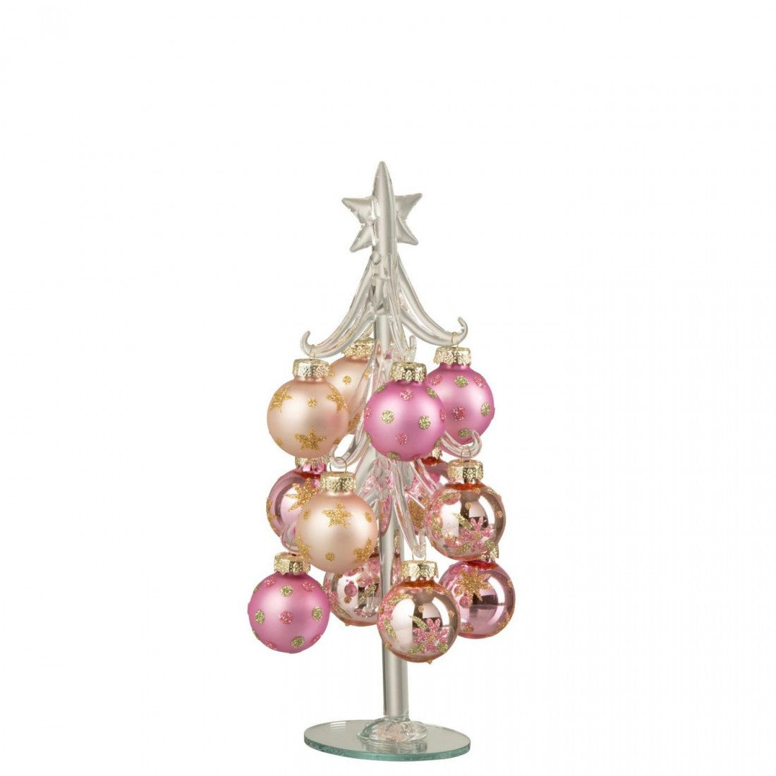 Kerstboom + Ballen Roze/Transparant Small uit de set van J-Line, glazen boompje van 21 cm met roze balletjes