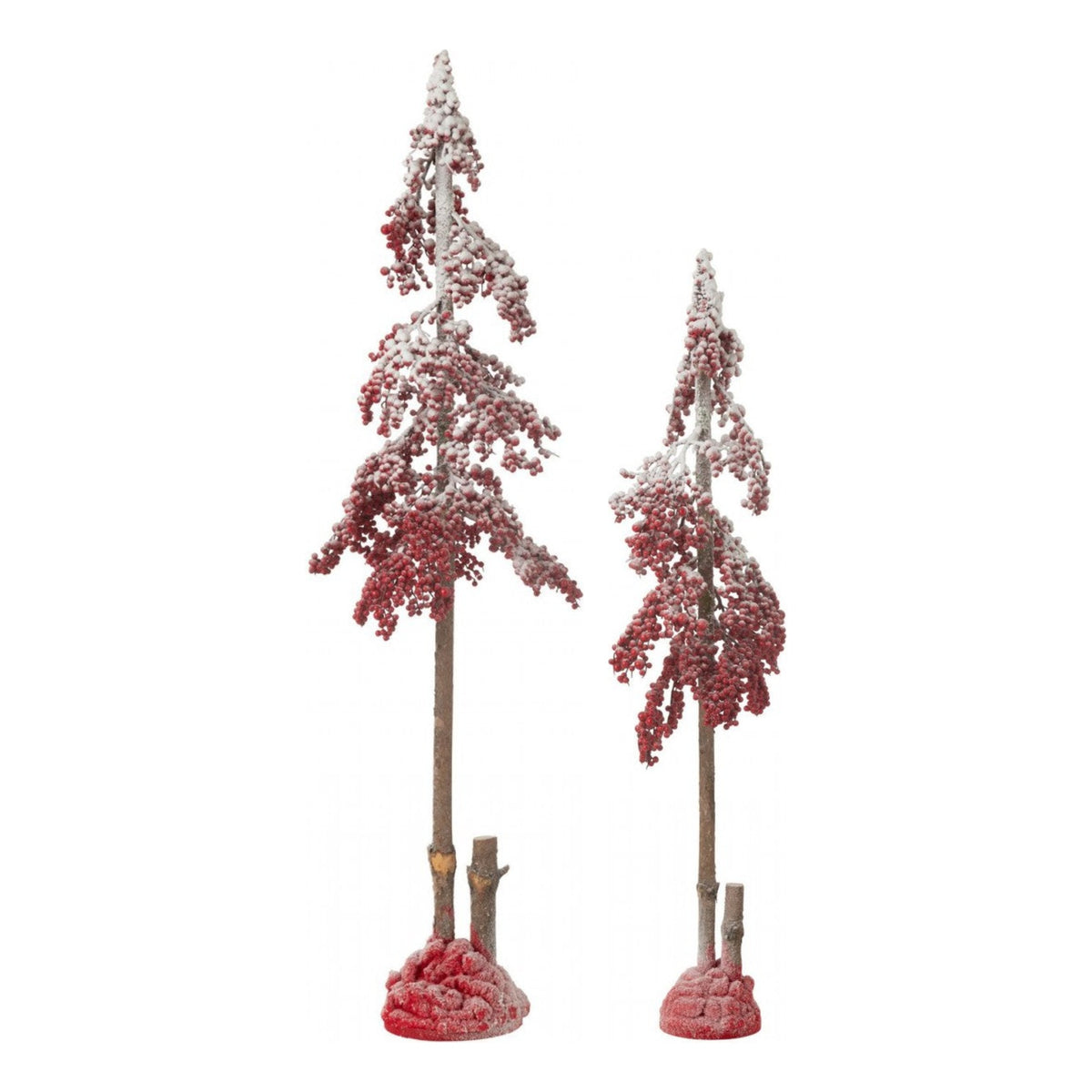 Set Van 2 Kerstbomen Grote Bessen Rood van J-Line, beide bomen naast elkaar op witte achtergrond