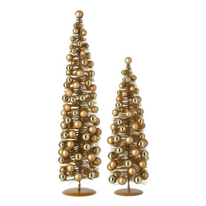 Set Van 2 Kerstbomen Kerstballen Kunststof Goud van J-Line, de complete set met beide kerstbomen naast elkaar op witte achtergrond