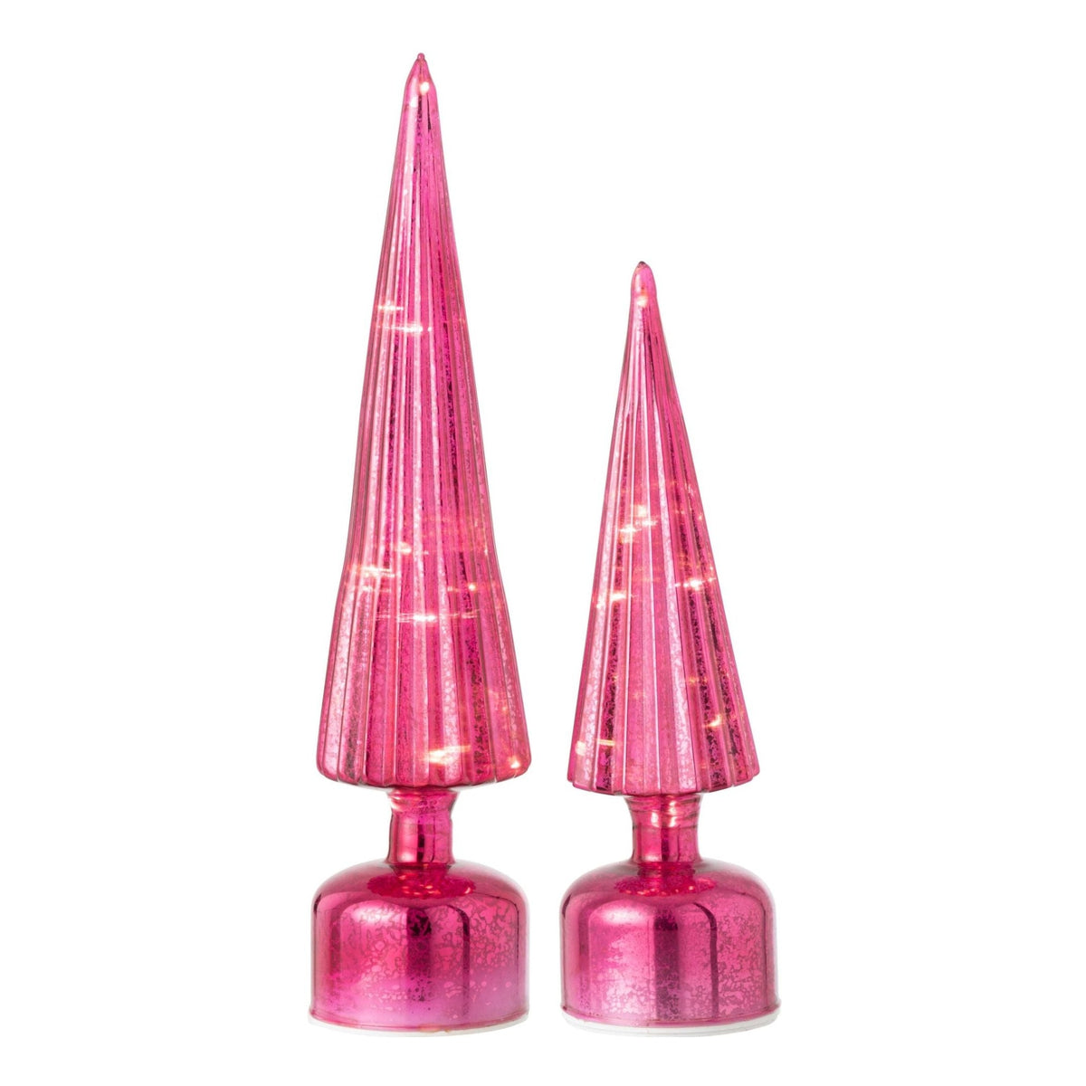 Set Van 2 Kerstbomen Led Craquelé Glas Donkerroze van J-Line, de complete set met beide kerstbomen naast elkaar op witte achtergrond