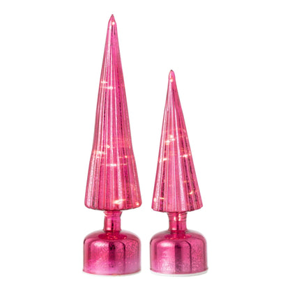 Set Van 2 Kerstbomen Led Craquelé Glas Donkerroze van J-Line, de complete set met beide kerstbomen naast elkaar op witte achtergrond