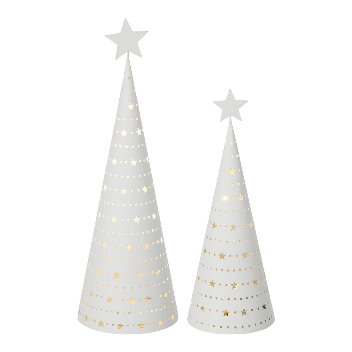 Set Van 2 Kerstbomen Led Ijzer Wit van J-Line, beide boompjes naast elkaar op witte achtergrond