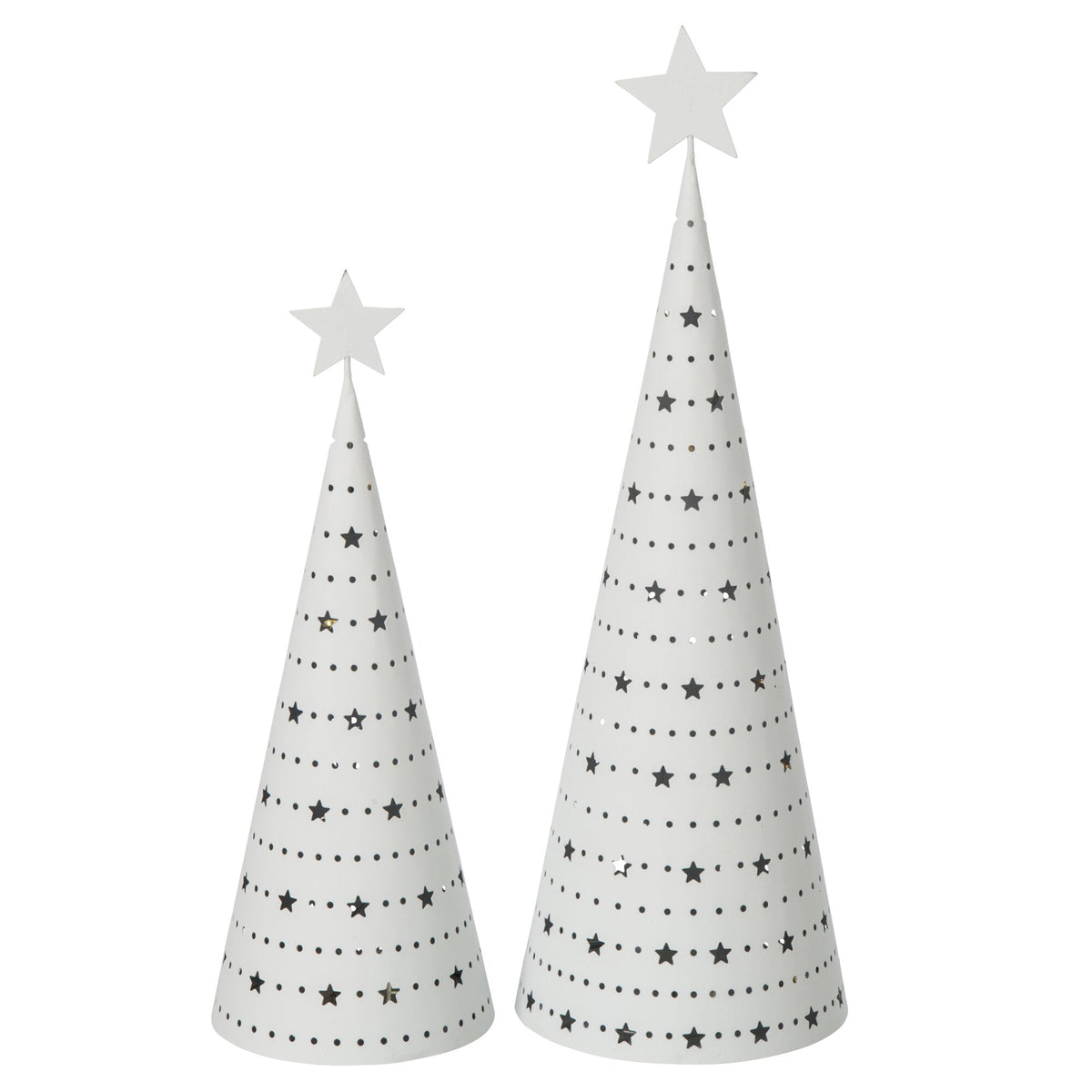 Twee witte metalen kerstboompjes van J-Line naast elkaar in small en large