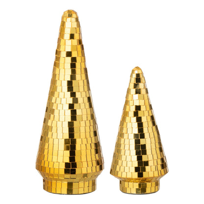 Set Van 2 Kerstbomen Spiegelglas Goud van J-Line, de complete set met beide kerstbomen naast elkaar op witte achtergrond