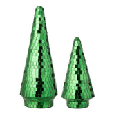 Set Van 2 Kerstbomen Spiegelglas Groen van J-Line, de complete set met beide kerstbomen naast elkaar op witte achtergrond