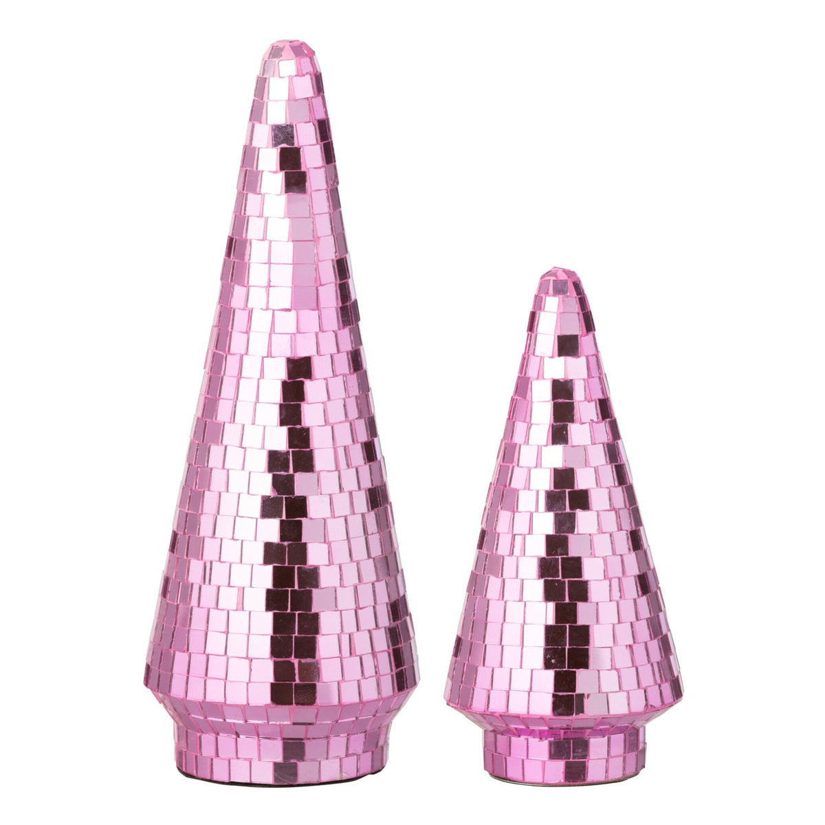 Set Van 2 Kerstbomen Spiegelglas Roze van J-Line, de complete set met beide kerstbomen naast elkaar op witte achtergrond
