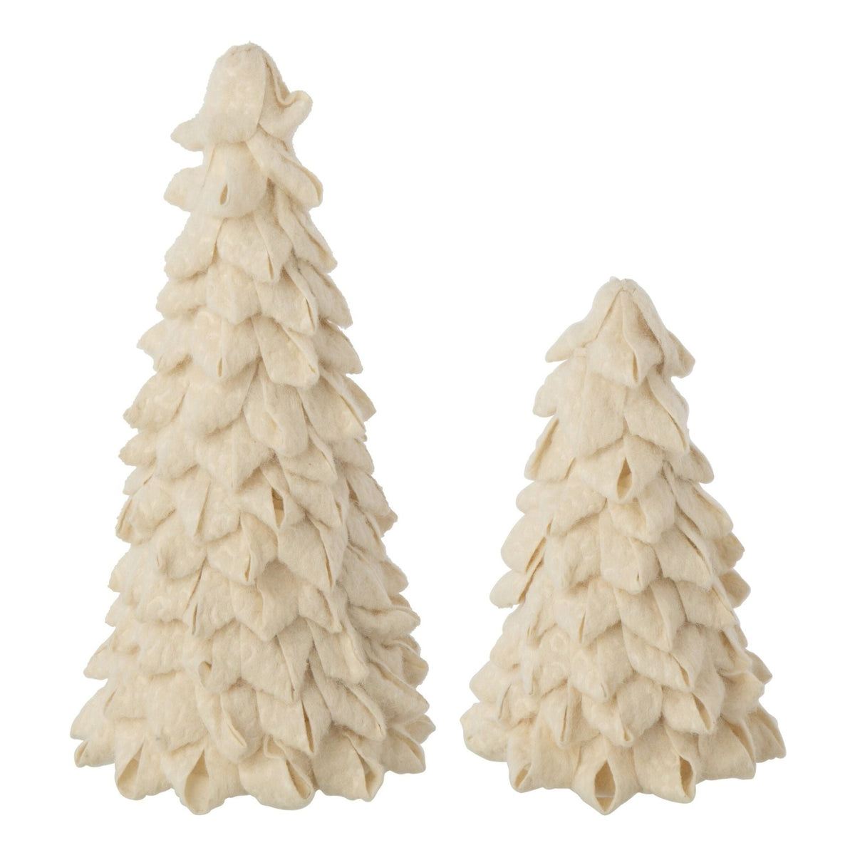 Set Van 2 Kerstbomen Vilt Ecru van J-Line, de complete set met beide kerstbomen naast elkaar op witte achtergrond