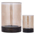 Set Van 2 Keylan Windlichten Glas Bruin Houten Voet van PTMD, de complete set met beide windlichten naast elkaar