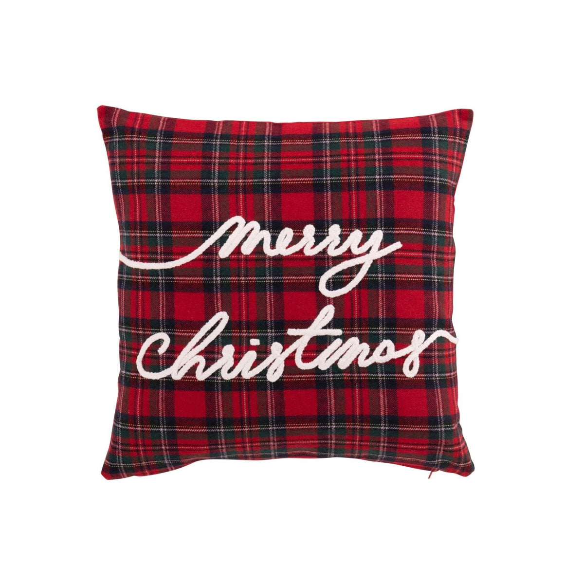 Kussen Merry Christmas uit de set van J-Line, geruit kussen van 45x45 cm met wit borduursel