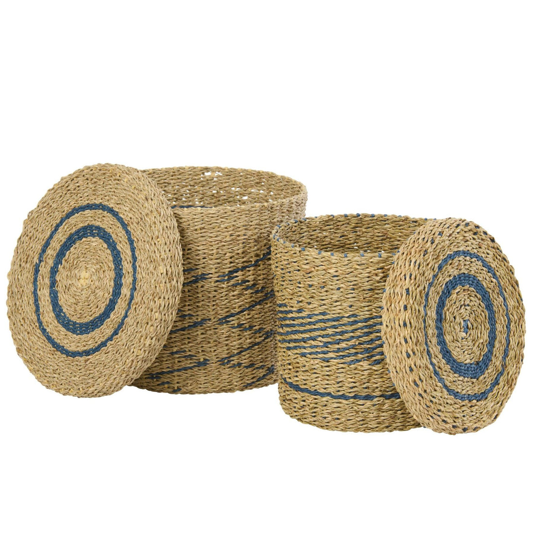 Set van 2 Mand + Deksel Gestreept Papier Naturel/Blauw J-Line