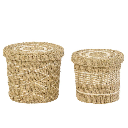 Set Van 2 Mand + Deksel Gestreept Papier Wit/Naturel J-Line