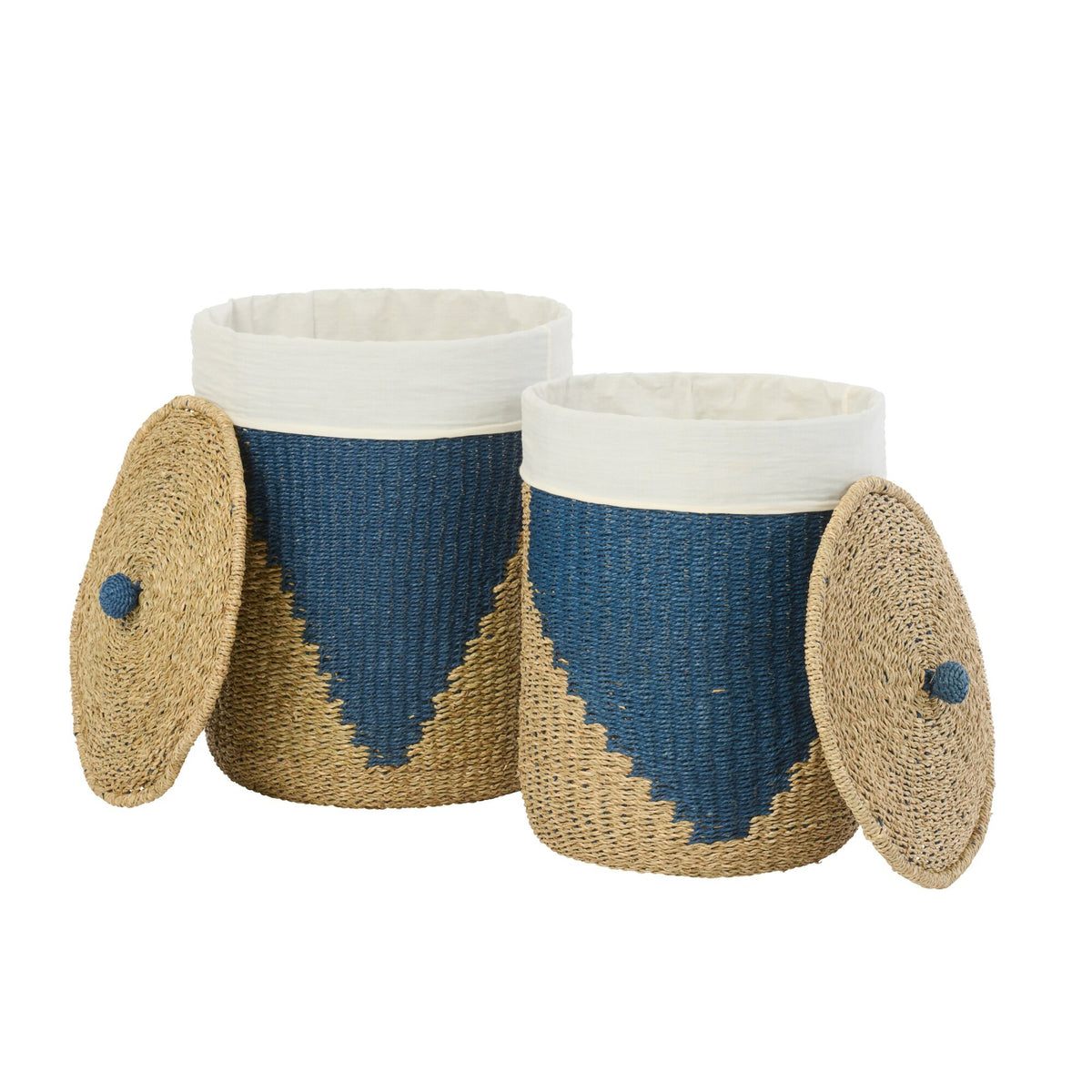 Set van 2 Mand + Deksel Papier Naturel/Blauw J-Line
