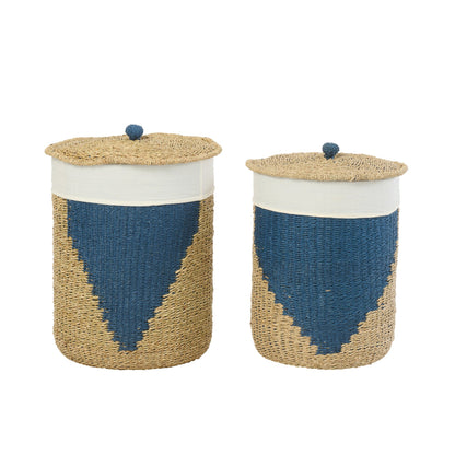 Set van 2 Mand + Deksel Papier Naturel/Blauw J-Line