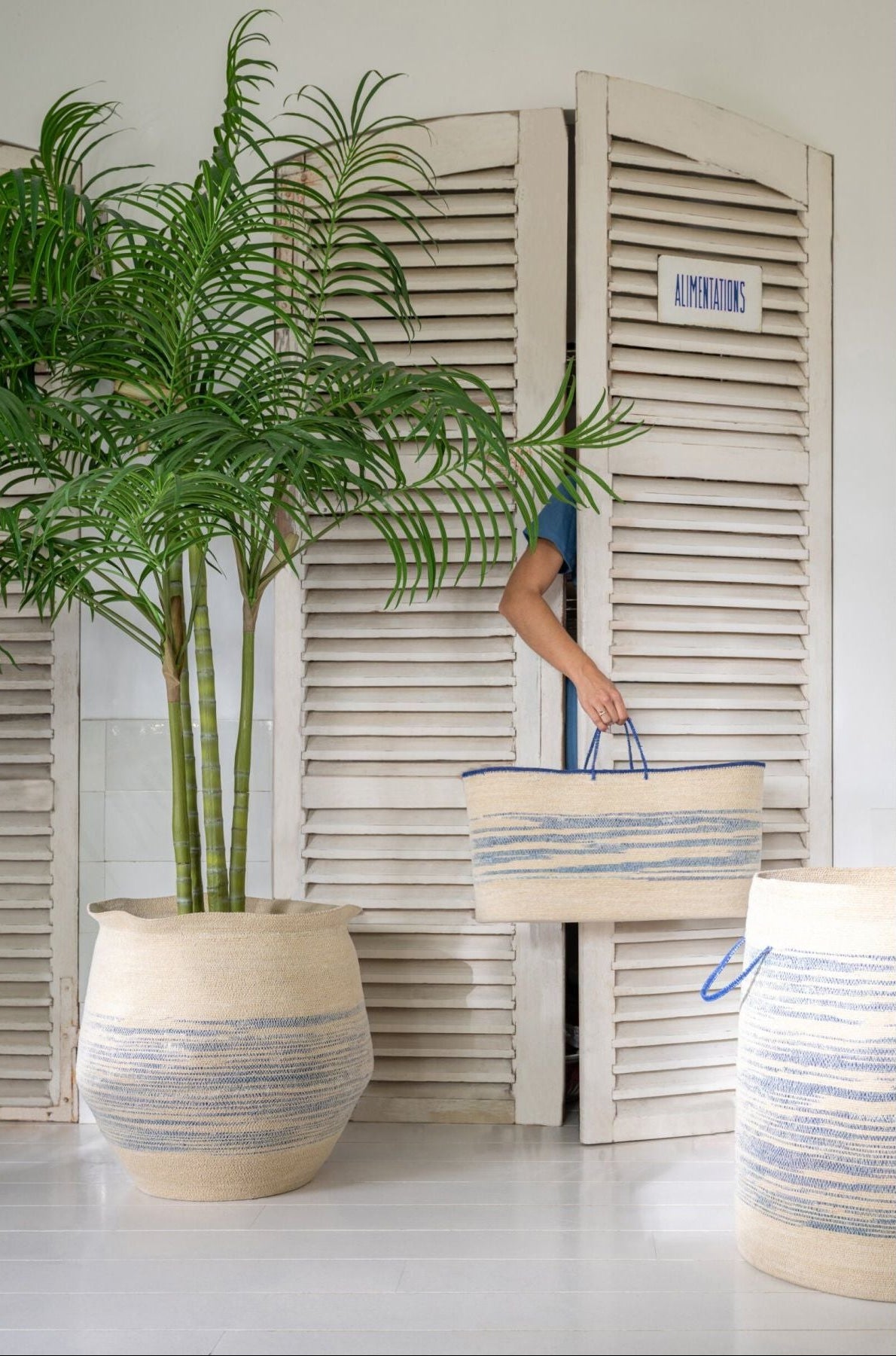 Set Van 2 Mand Met Handvat Gestreept Zeegras Naturel/Blauw J-Line