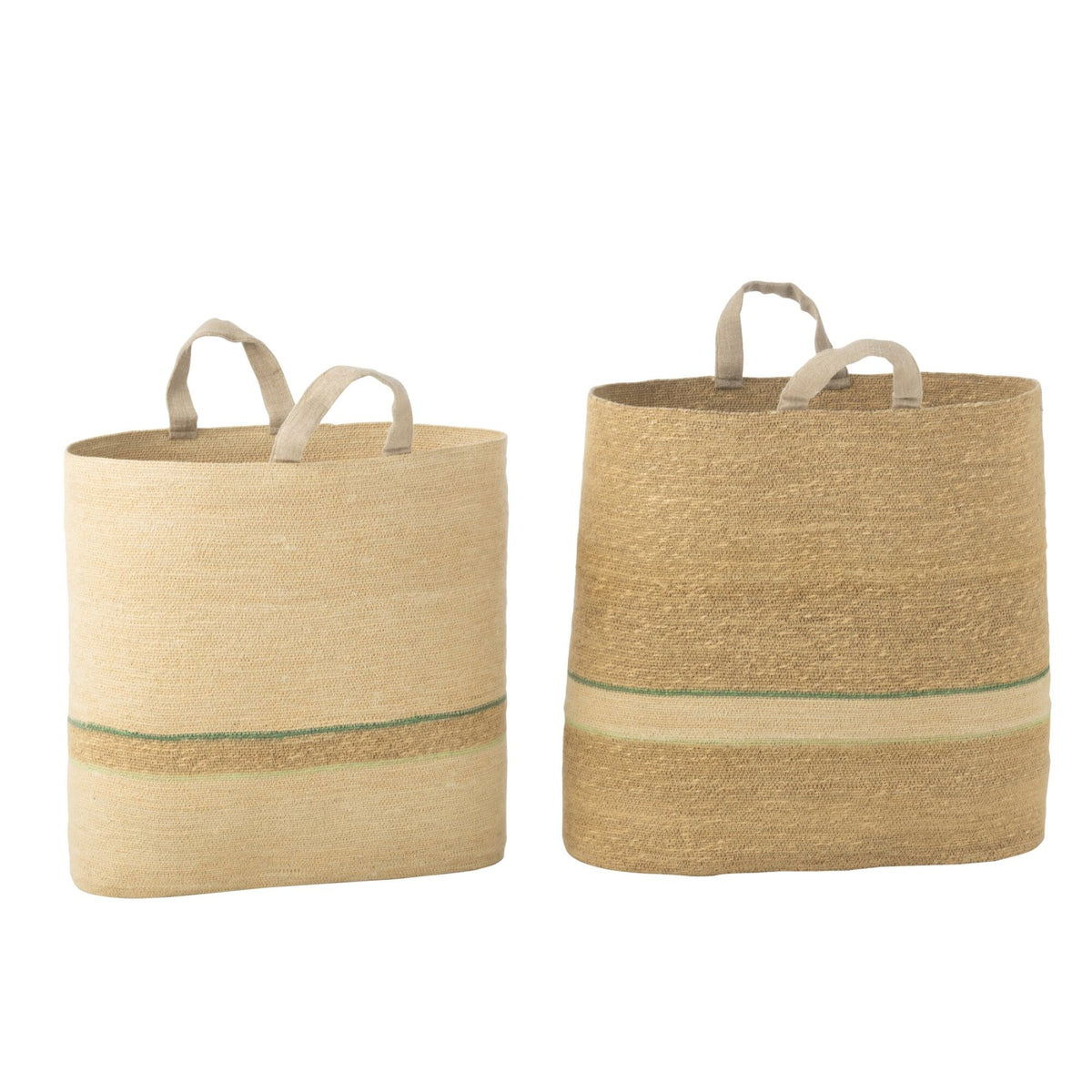 Set Van 2 Mand Strepen+Handvat Naturel/Groen J-Line