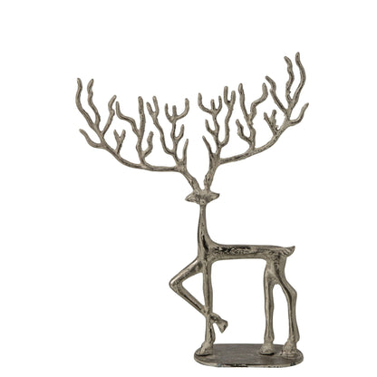 Groot zilverkleurig aluminium rendier van J-Line van 38 cm met fijn uitgewerkt gewei op ronde voet