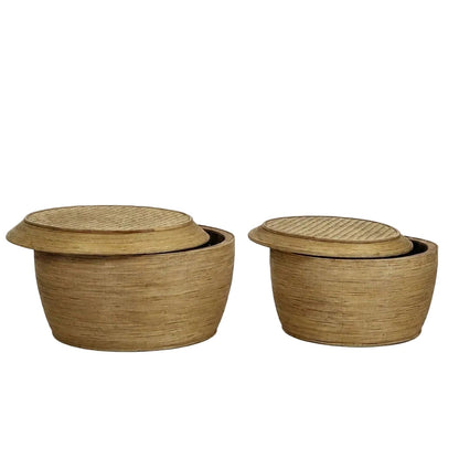 Set Van 2 Salontafels Tambou Rotan Naturel van Pomax, tweede aanzicht dat de vorm en het rotan toont