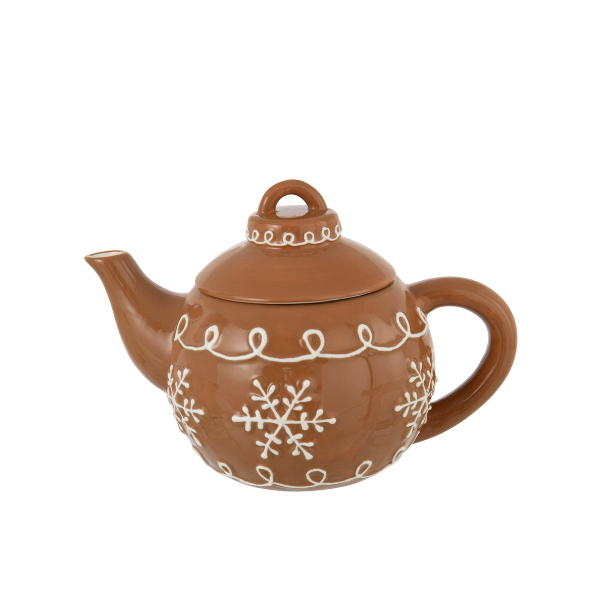 Theepot Cookie uit de set van J-Line, caramelbruine theepot met witte sneeuwvlokken