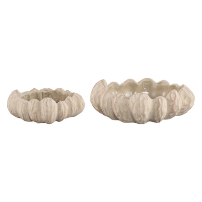 Set Van 2 Triena Schalen Cement Beige Pompoenvorm van PTMD, de complete set met beide schalen naast elkaar op witte achtergrond