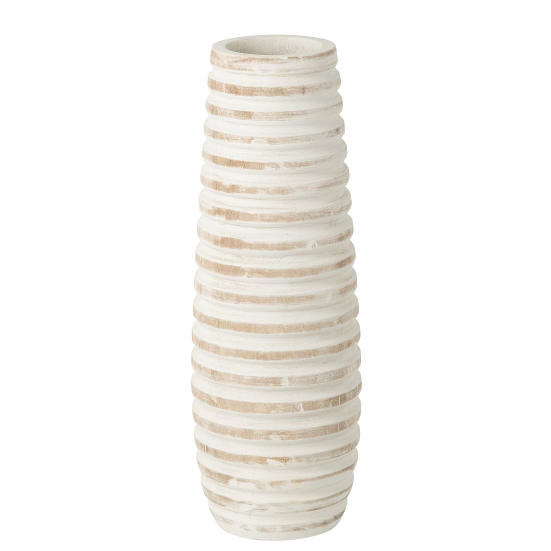 Hoge witte vloervaas van J-Line in paulowniahout met horizontale ribbels, 70 cm