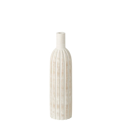Witte houten flesvaas van J-Line met verticale groeven en smalle hals, 56 cm
