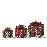 Set van 3 decoratieve cadeaudozen van J-Line in donkerbruin en kerstrood met ledverlichting, strik en dennenappels