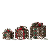 Decoratieve cadeaudozen met led van J-Line, donkerbruin textiel met kerstrode strik en dennenappels