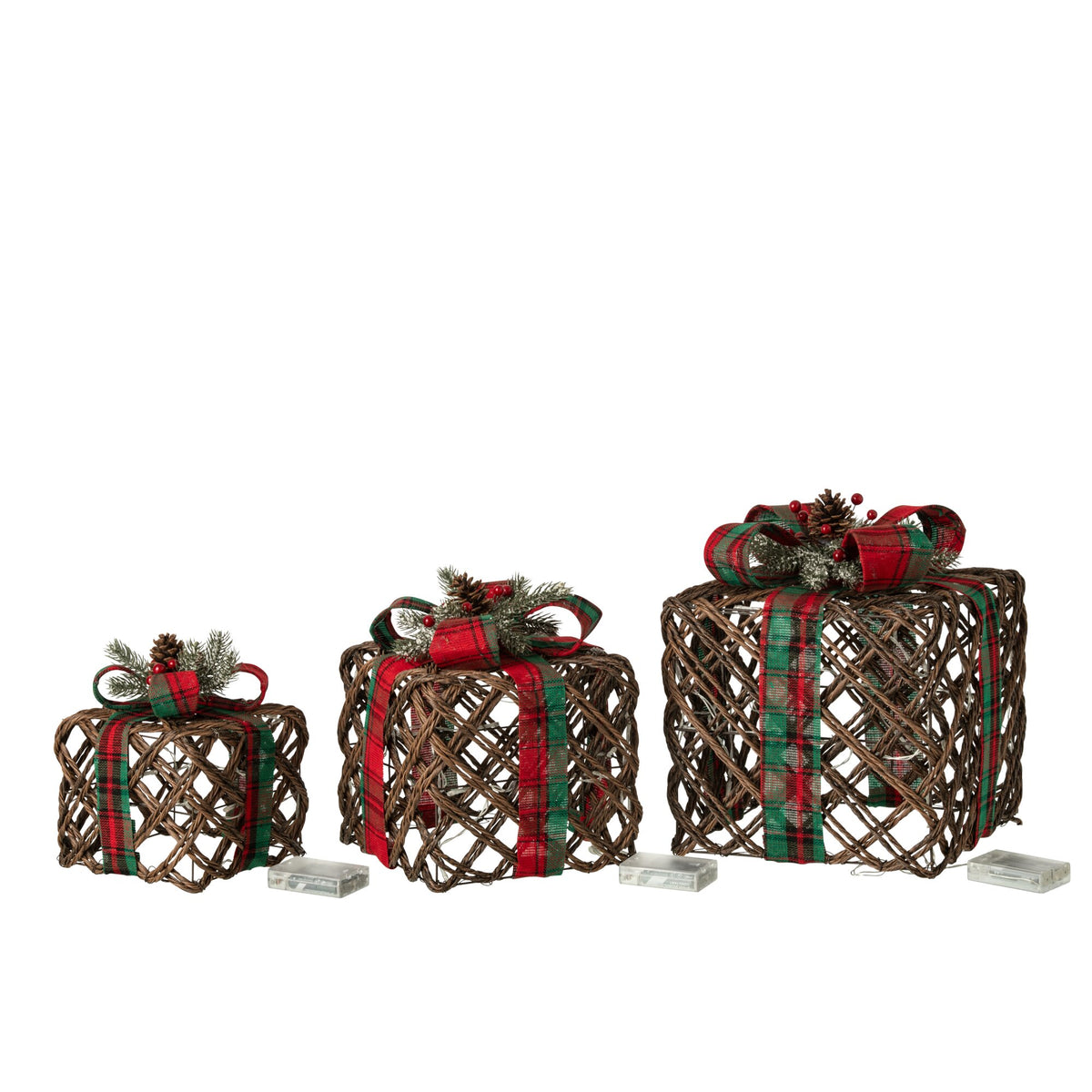 Decoratieve cadeaudozen met led van J-Line, donkerbruin textiel met kerstrode strik en dennenappels