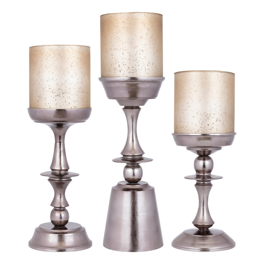 Set Van 3 Eliviana Windlichten Messing van PTMD, de complete set met alle drie de windlichten naast elkaar op witte achtergrond