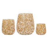 Set Van 3 Ingra Windlichten Glas Goud Met Kralen van PTMD, de complete set met alle drie de windlichten naast elkaar op witte achtergrond