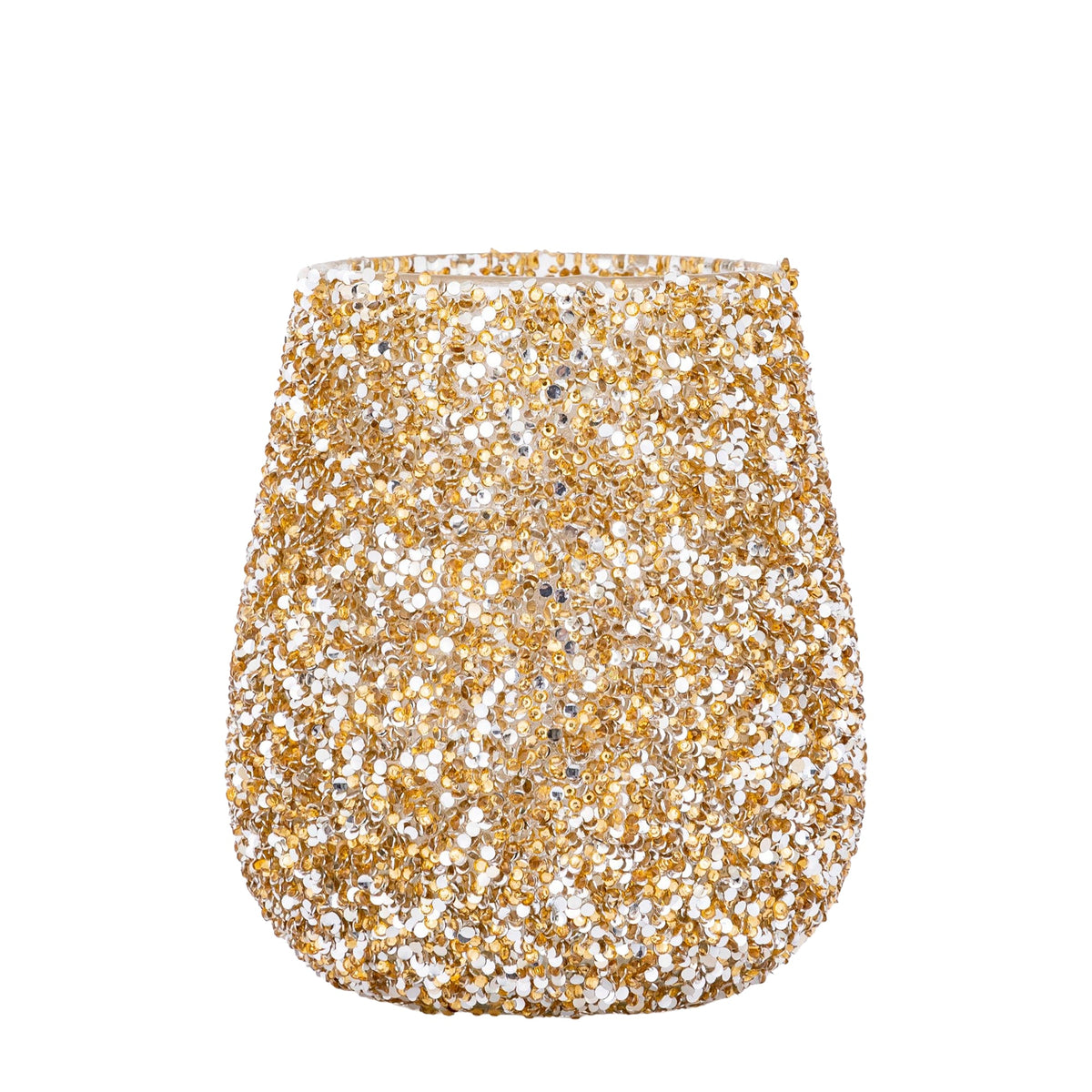 Ingra Windlicht Goud Large uit de set van PTMD, rond windlicht van goudkleurig glas met kralen