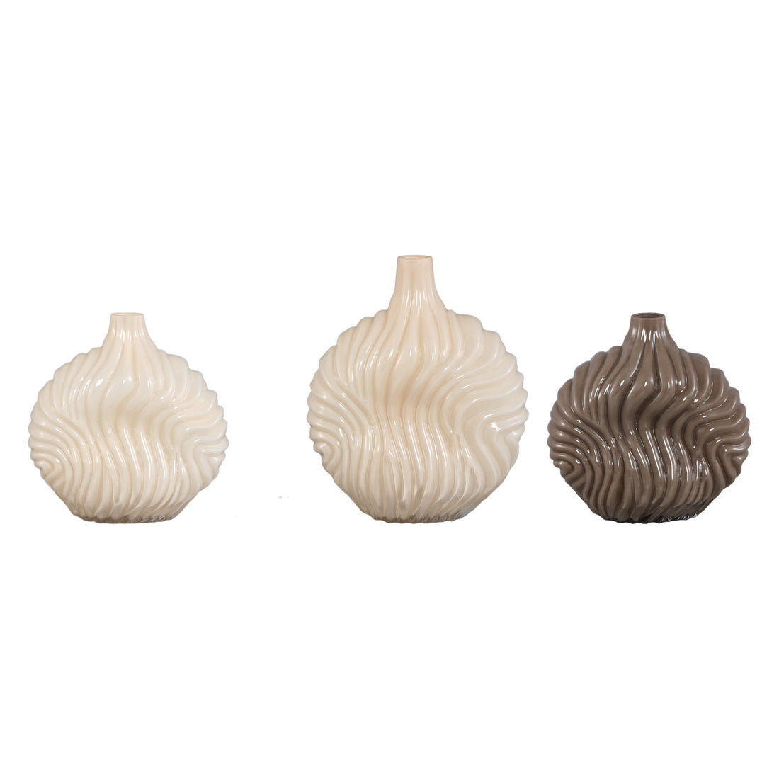 Set Van 3 Kelline Glazen Vazen Ribbel van PTMD, de complete set met alle drie de glazen vazen naast elkaar op witte achtergrond