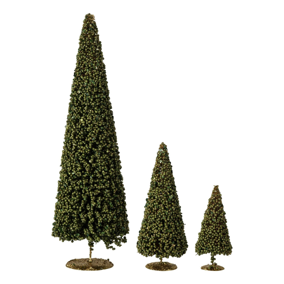 Set Van 3 Kerstbomen Bessen Kunststof Mosgroen van J-Line, de complete set met alle drie de kerstbomen naast elkaar op witte achtergrond