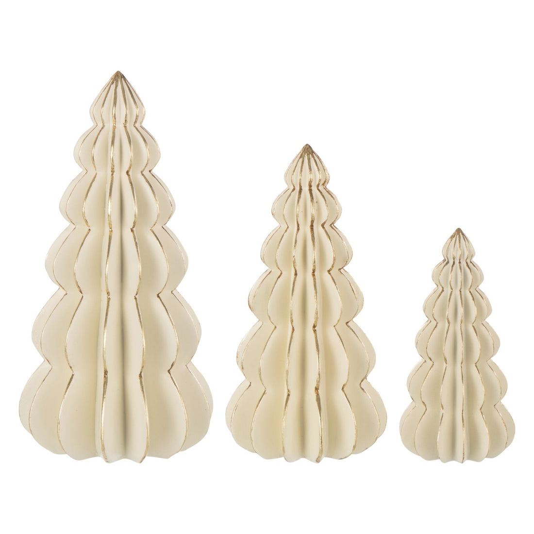 Set Van 3 Kerstbomen Origami Kalk Gebroken Wit van J-Line, de complete set met alle drie de kerstbomen naast elkaar op witte achtergrond