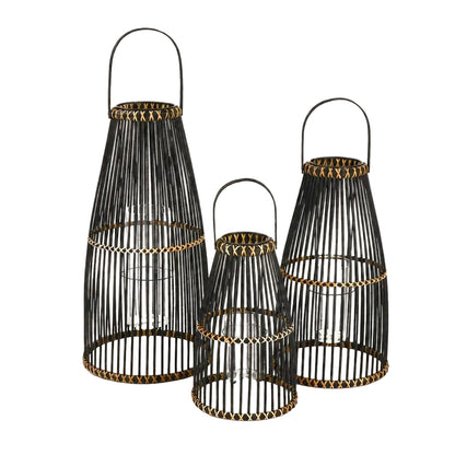 Set Van 3 Lantaarns Skagen Bamboe Zwart van Pomax, productfoto in zwart met de volledige vorm in beeld