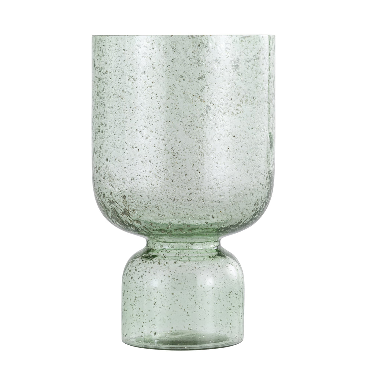 Laurynn Windlicht Groen van PTMD, zeegroen bubbelglas op een dikke glazen voet op witte achtergrond