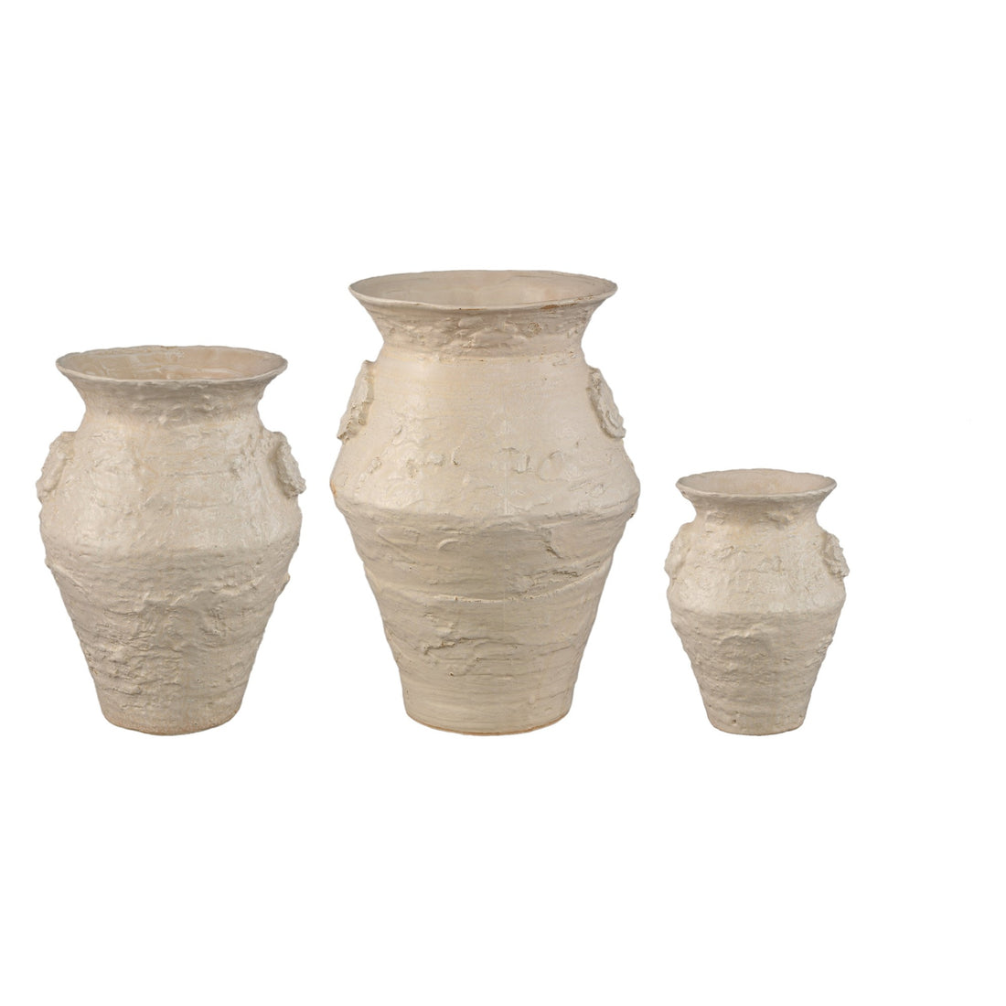 Set Van 3 Leandra Potten Beige Keramiek van PTMD, de complete set met alle drie de potten naast elkaar op witte achtergrond