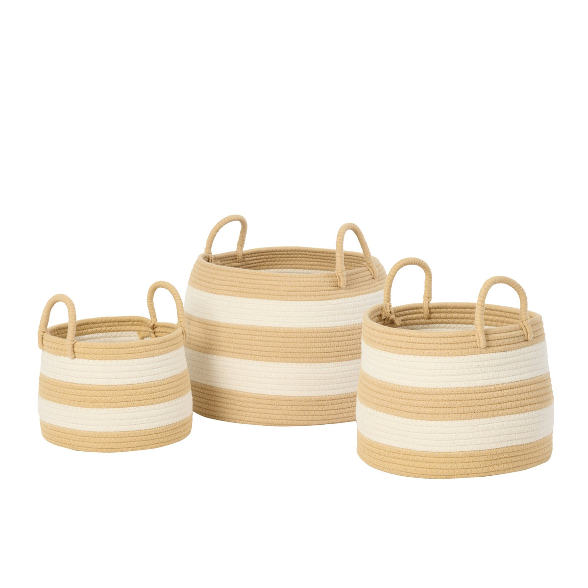 Set Van 3 Mand Met Handvat Rond Gestreept Polyester Naturel/Wit J-Line