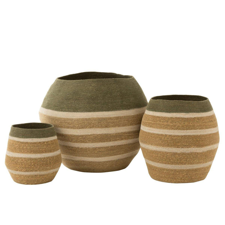 Set Van 3 Mand Strepen Zeegras Groen/Naturel , Mand , J-Line , livinglovely.nl