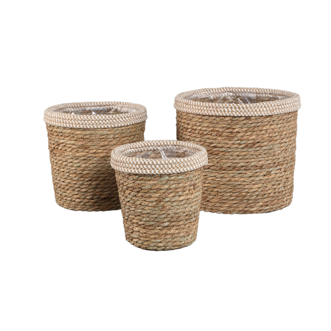 Set van drie rotan manden van PTMD met witte rand