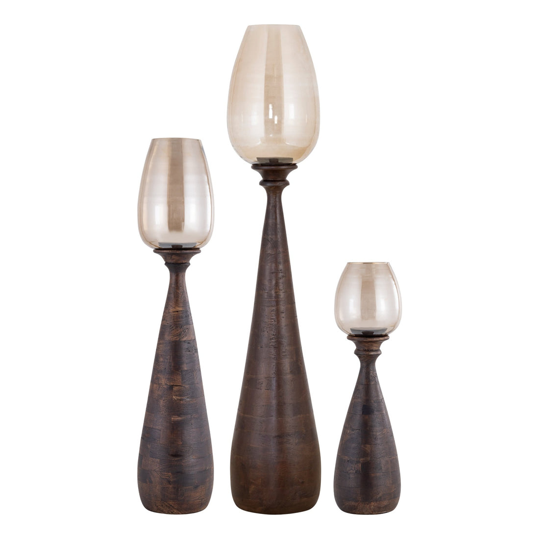 Set Van 3 Midi Windlichten Mangohout Bruin van PTMD, de complete set met alle drie de windlichten naast elkaar op witte achtergrond