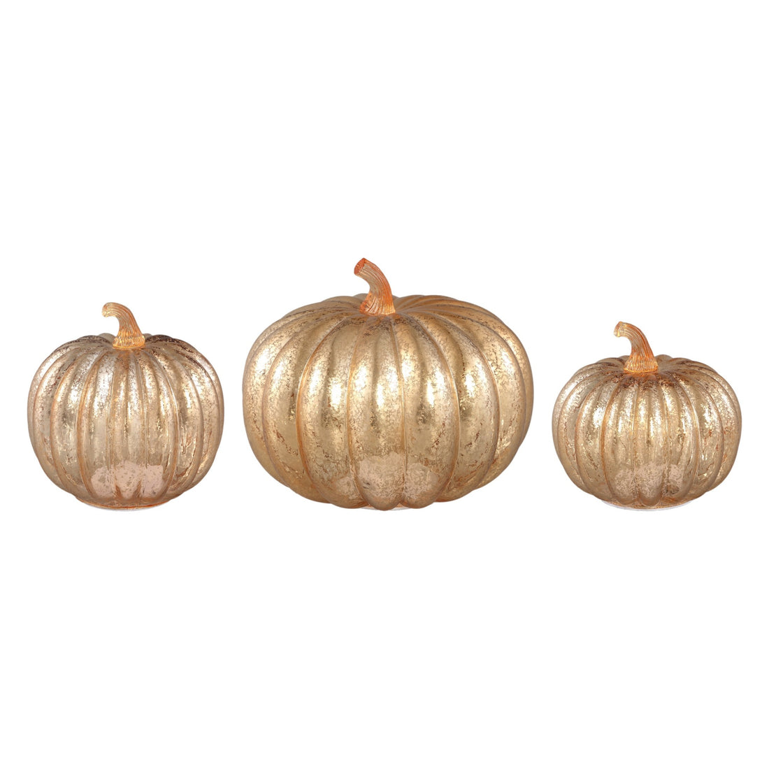 Set Van 3 Pumpa Pompoen LED Lampjes Goud van PTMD, de complete set met alle drie de pompoenen naast elkaar op witte achtergrond