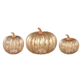 Set Van 3 Pumpa Pompoen LED Lampjes Goud van PTMD, de complete set met alle drie de pompoenen naast elkaar op witte achtergrond
