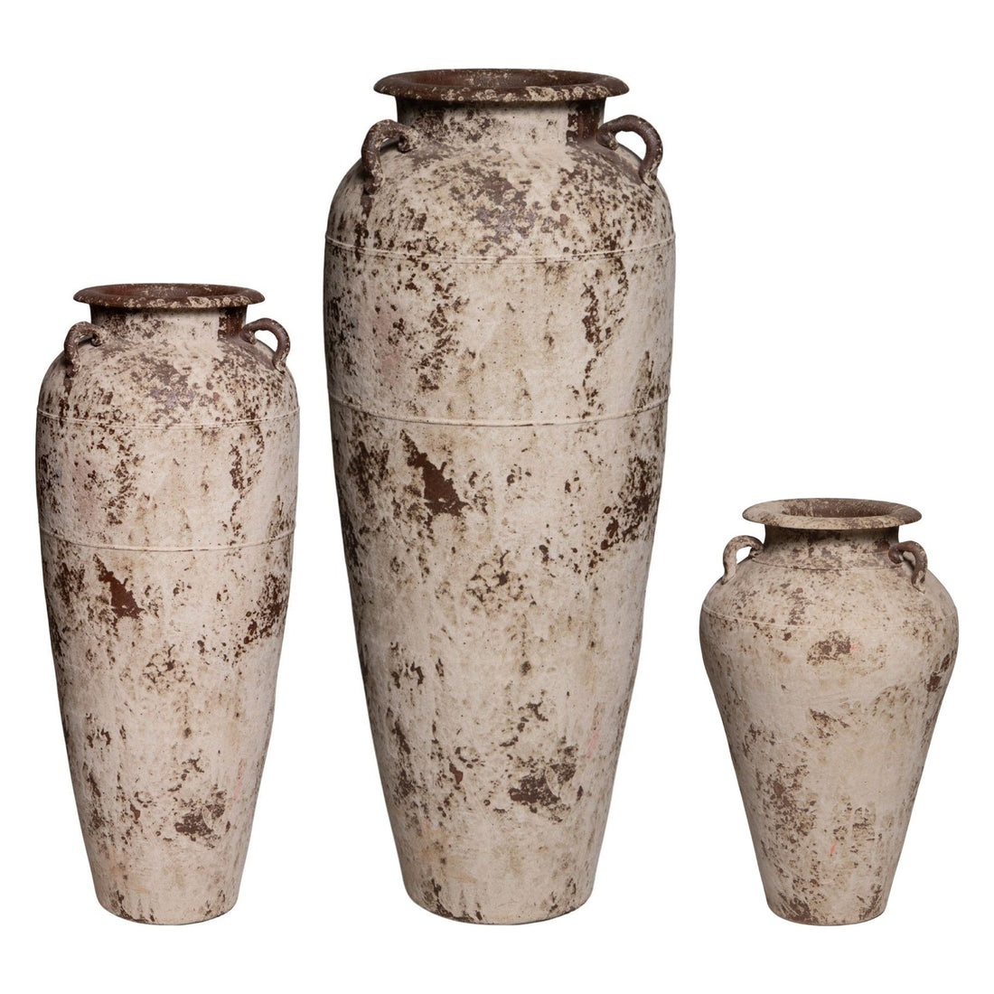 Set Van 3 Robena Potten Crème Antiek Vintage van PTMD, de complete set met alle drie de kruikpotten naast elkaar op witte achtergrond