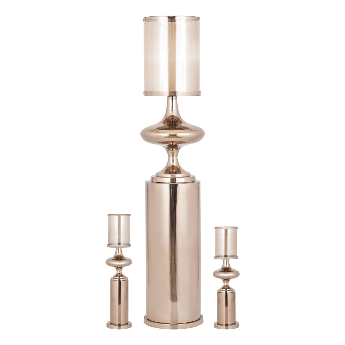 Set Van 3 Rodire Windlichten RVS Brons van PTMD, alle drie de windlichten naast elkaar op witte achtergrond
