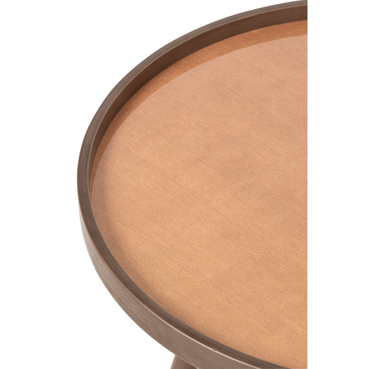 Ronde salontafel van rubberhout naturel van J-Line, blad en poot van dichtbij