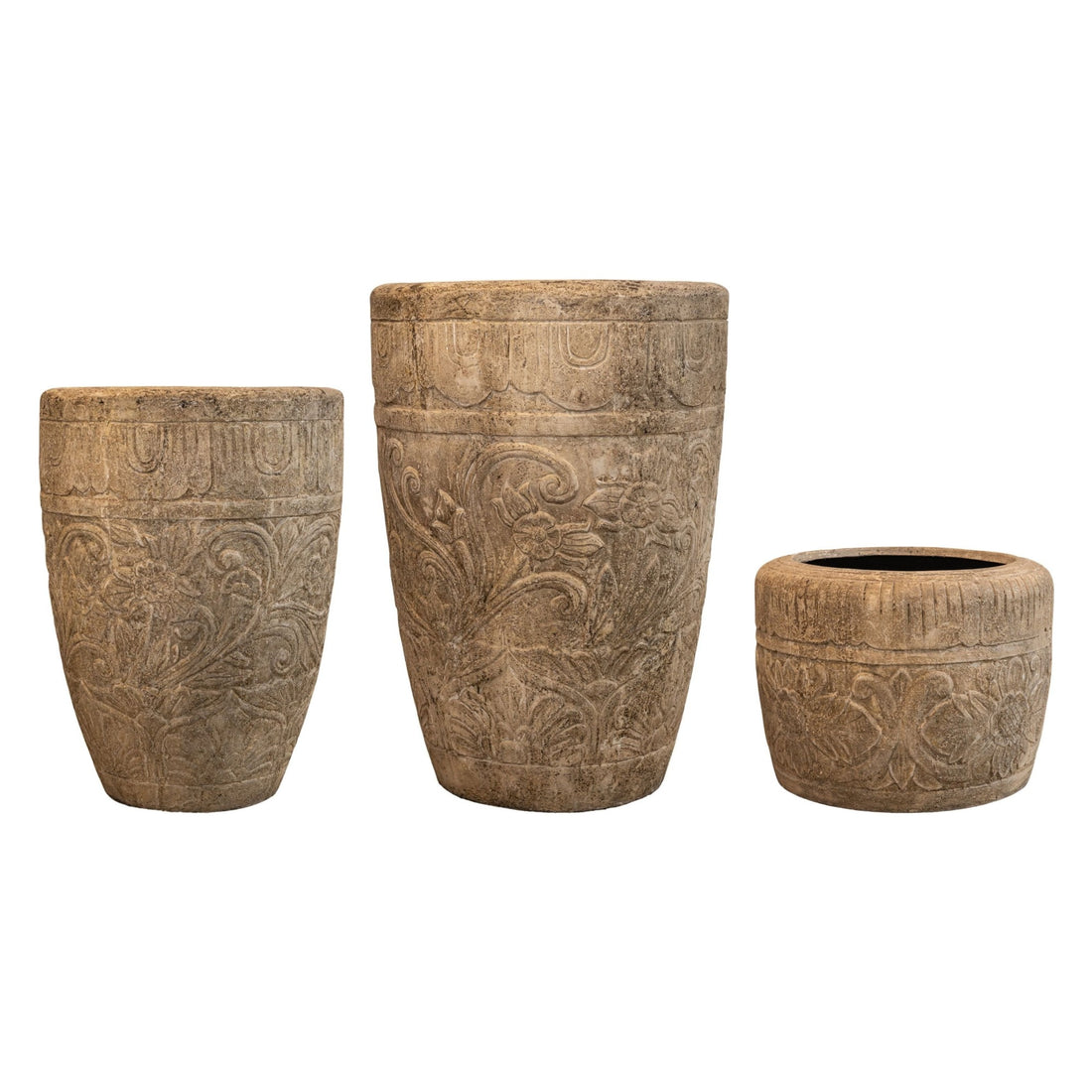 Set Van 3 Sasha Potten Crème Bloempatroon van PTMD, de complete set met alle drie de potten naast elkaar op witte achtergrond