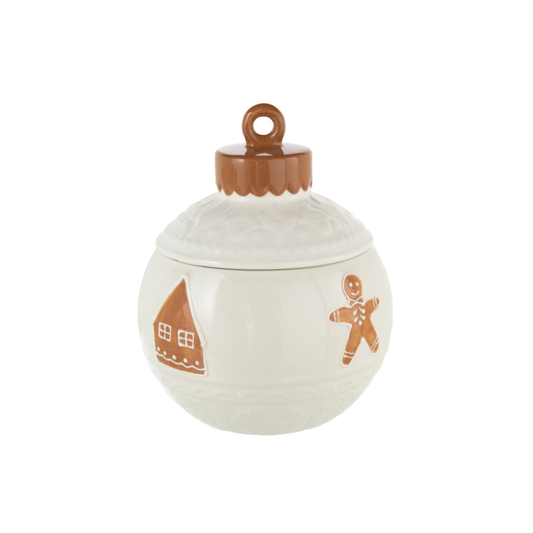 Voorraadpot Kerstbal uit de set van J-Line, bolvormige pot met deksel en peperkoekmannetjes