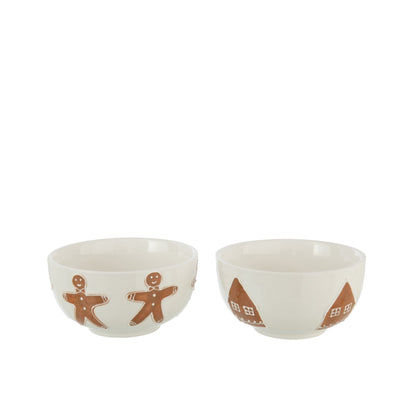 Kom Cookie uit de set van J-Line, twee kommen van steengoed met peperkoekmannetjes