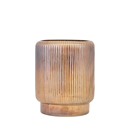 Set Van 3 Shalea Windlichten Amber Ribbelglas van PTMD, het middelgrote windlicht M van 25 centimeter op ronde voet